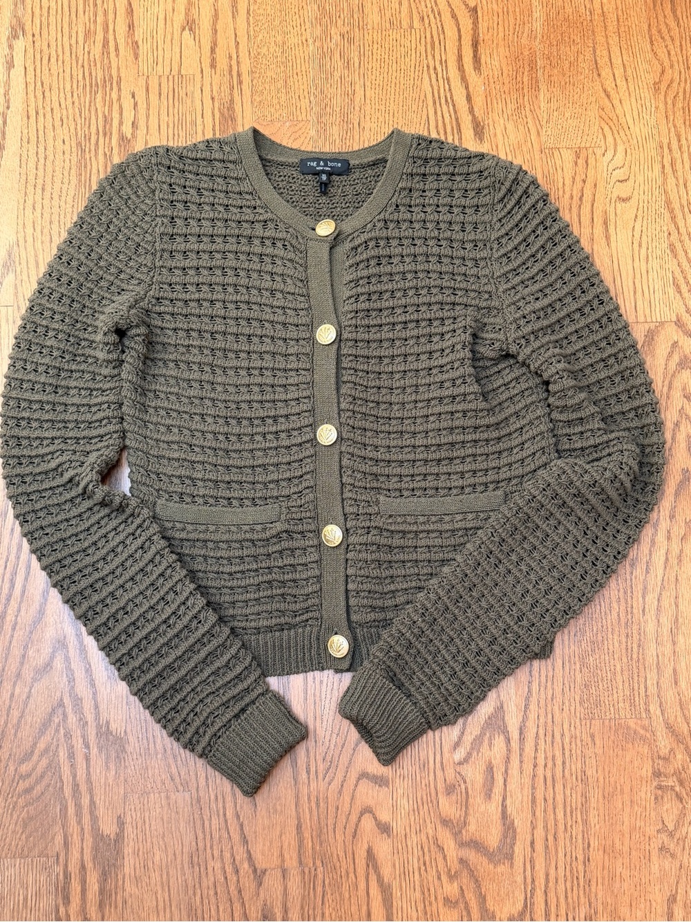 rag & bone Olive Cropped Waffle-Knit Button Cardigan XS